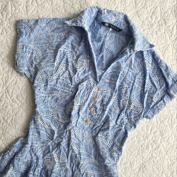 Zara Embroidered Cutout Tiered Eyelet Maxi Shirt Dress XS Light Blue - Picture 4 of 16